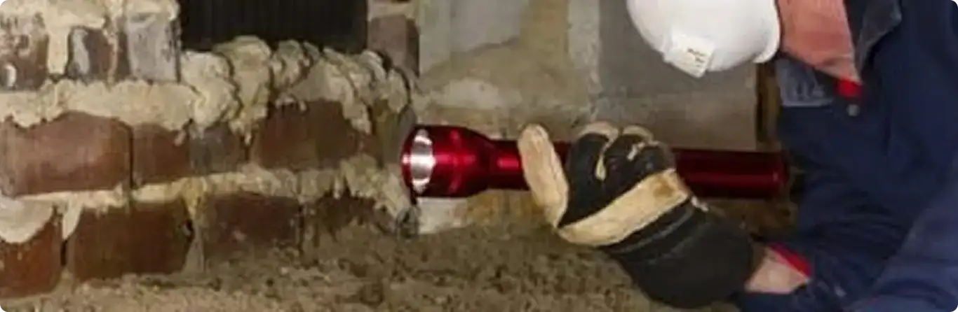 Pest control technician inspecting a crawl space for ant activity in Brookfield, WI