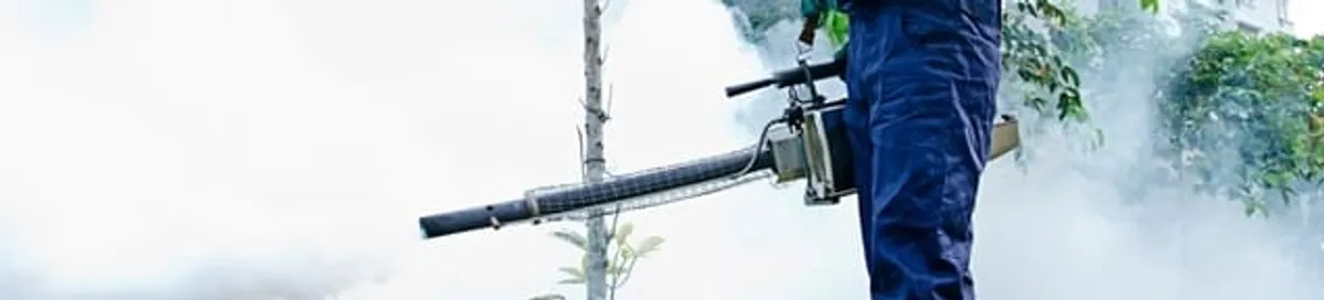 Pest control technician fogging an outdoor area for insect control in Milwaukee, WI