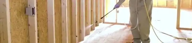 Termite treatment technician applying spray along framing and unfinished walls in Milwaukee, WI